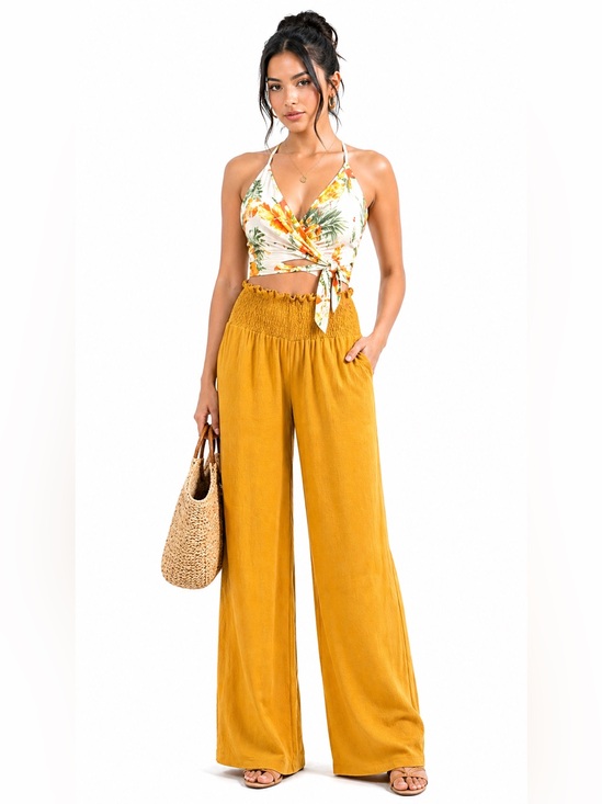 Pants - Smocked High-Waist Wide-Leg Pants in Mustard Yellow